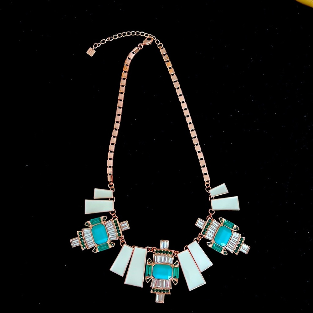 Fashion statement necklace. Rose gold chain w/faux turquoise & other stones.